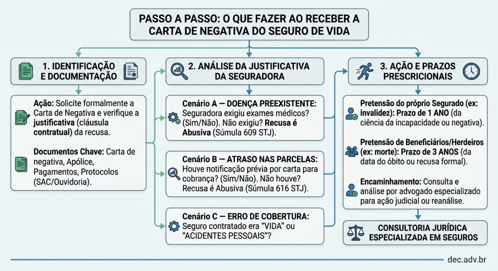 <img src="fluxograma-seguro-de-vida-negado.png" 
alt="Fluxograma explicativo sobre o que fazer ao ter o seguro de vida negado, destacando os direitos do segurado, prazos prescricionais de 1 e 3 anos e Súmulas 609 e 616 do STJ." 
title="Passo a Passo: O que Fazer ao Receber a Carta de Negativa do Seguro de Vida">